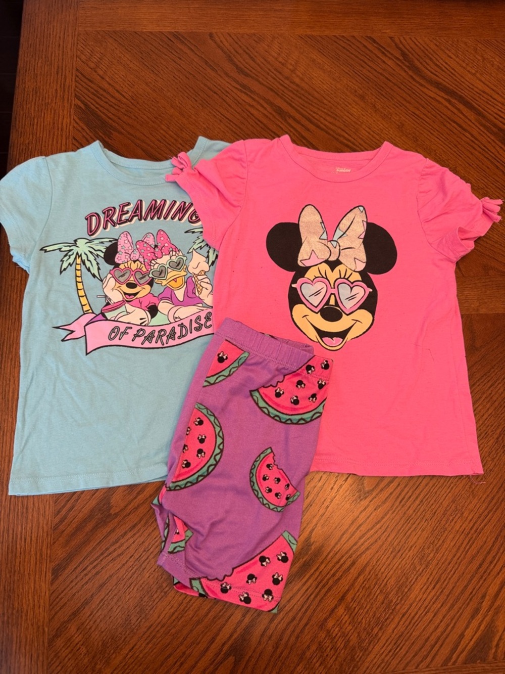 Disney Pink & Aqua Minnie Mouse Pajama Set with Purple Watermelon Shorts